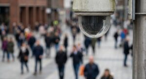 Close-up of a CCTV camera with a busy pedestrian street blurred behind it.