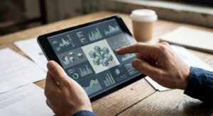 Hands holding a tablet displaying a generic blockchain explorer layout, focused on on‑chain data review.