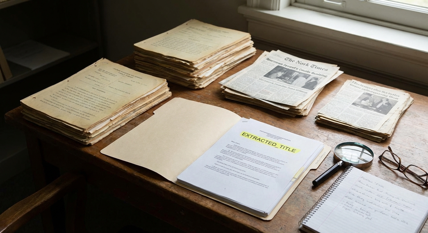 Court filings and news clippings spread on a table as a researcher cross-checks claims.