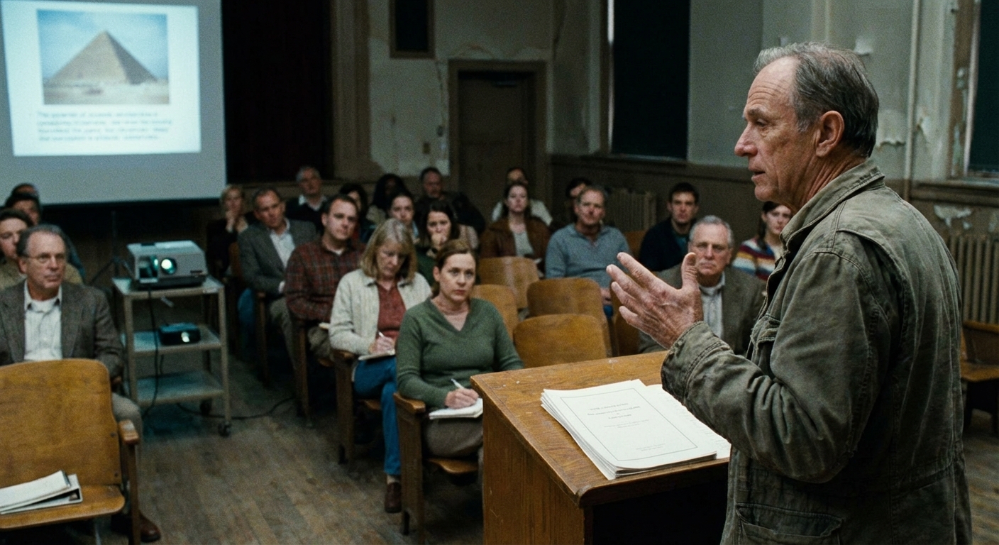 Small public lecture with speaker and attentive audience in an educational setting, warm lighting.