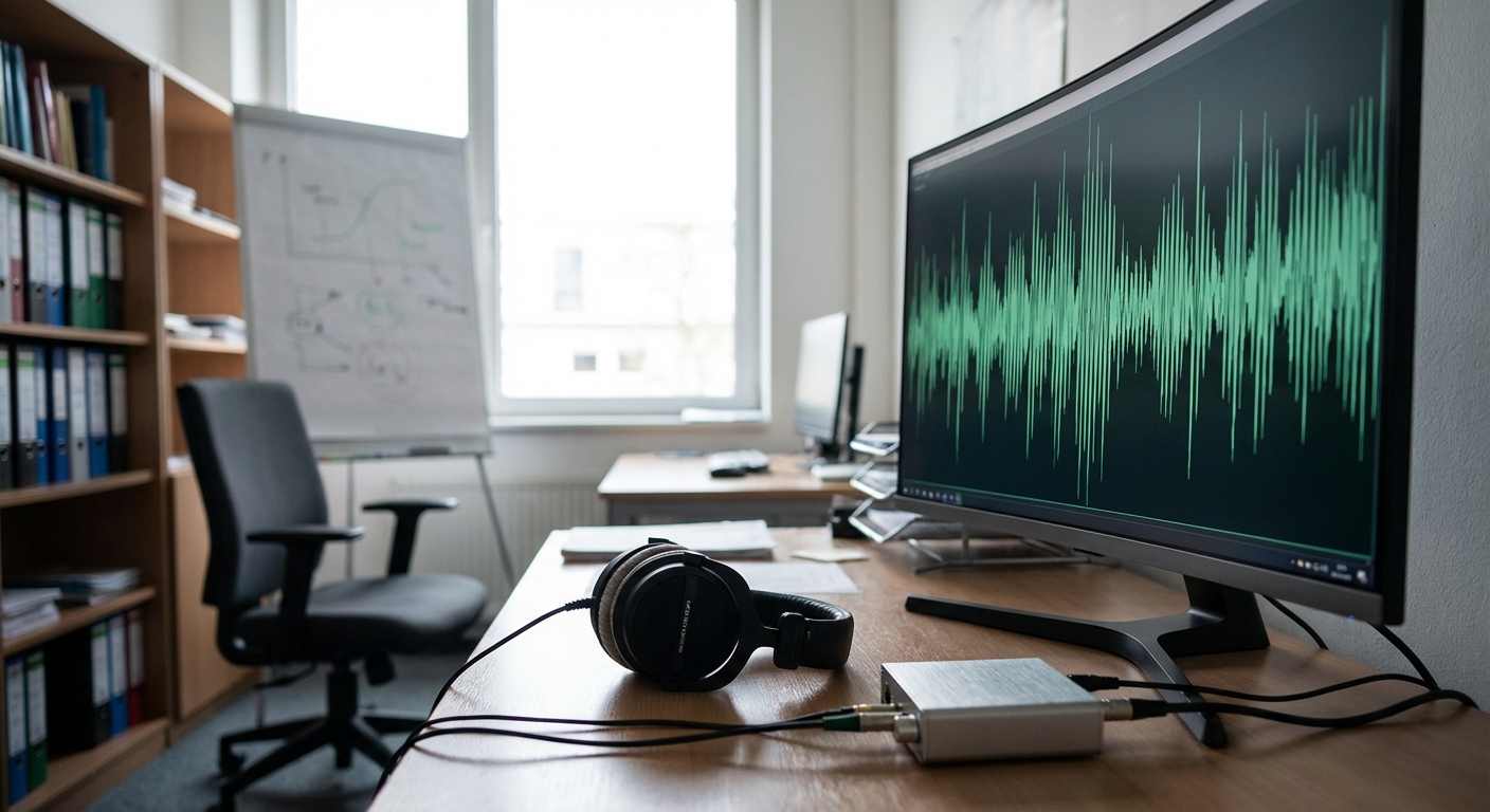 Psychology lab scene with headphones and waveform on a monitor, clinical and neutral.