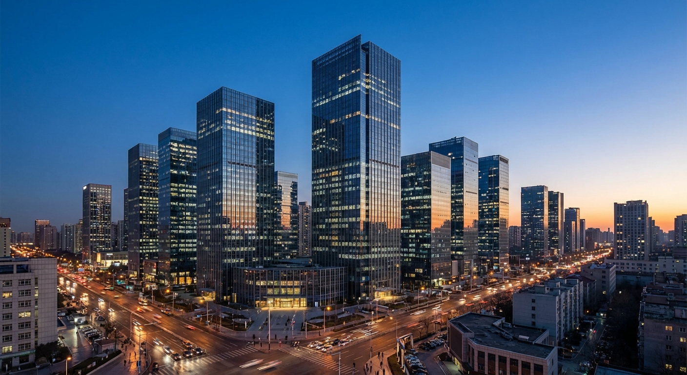 Glass corporate towers at dusk suggesting large tech companies without logos or text.