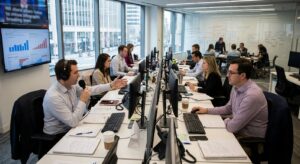 Busy newsroom with reporters and screens showing articles and notes.