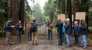 Reporters and a small group of peaceful protesters outside a gated rural entrance near tall redwoods, daytime scene.