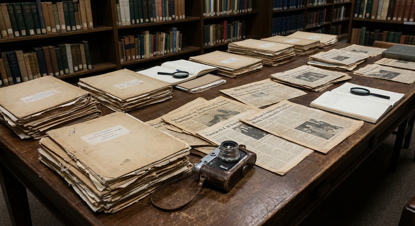 Archive table with clipped press articles and a vintage camera suggesting research into claims.