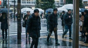 Street-level view of pedestrians with subtle graphical dots implying invisible data collection.
