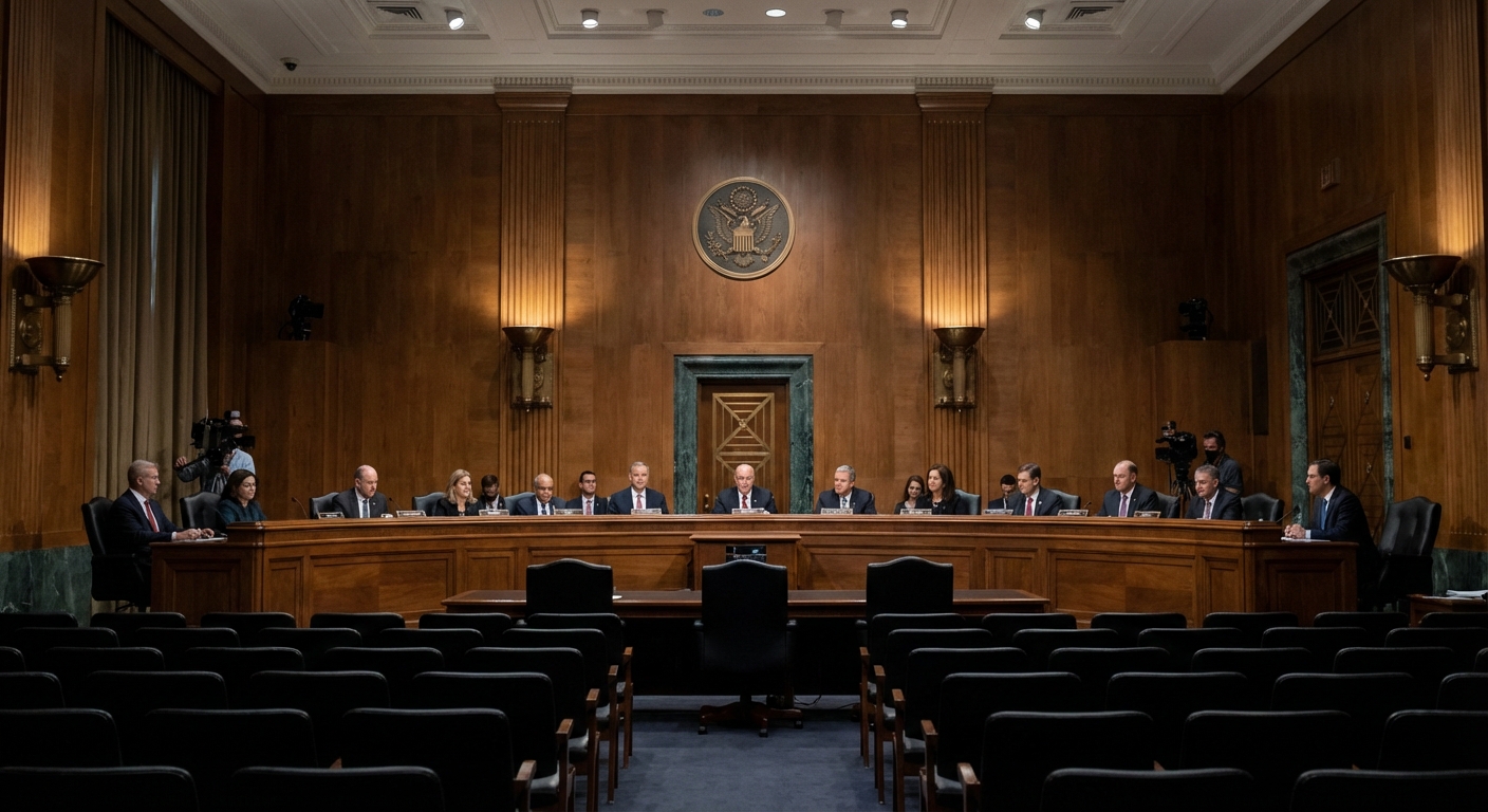A formal congressional hearing room with officials at the dais and muted audience seating, conveying oversight context.