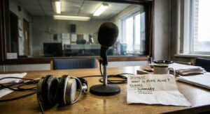 Empty radio studio desk with microphone, headphones, and a cue sheet set for a documentary segment.