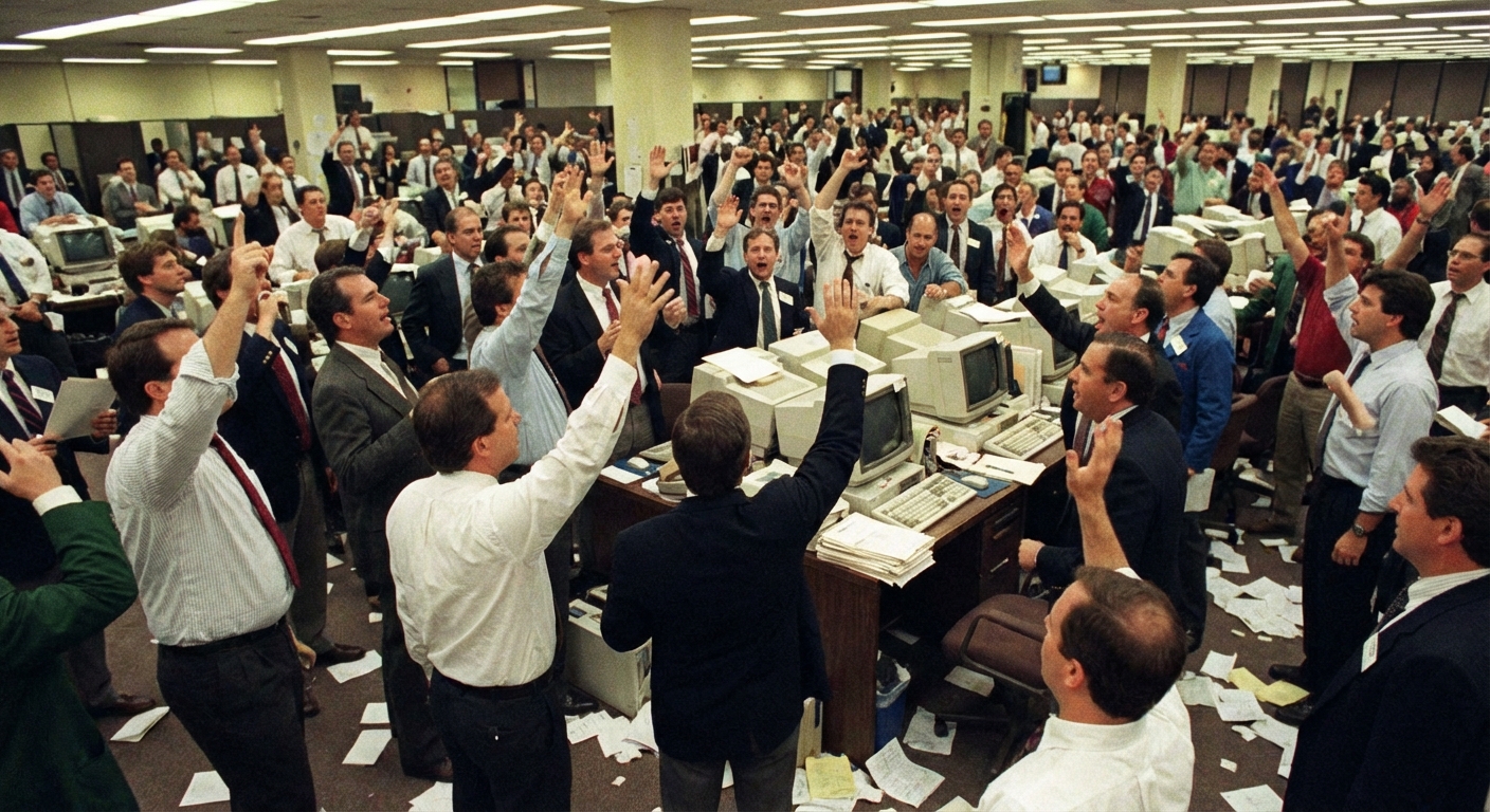 Crowded trading floor with traders at work, energetic but neutral and documentary.