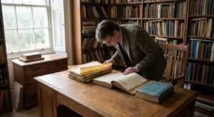 Researcher reviewing archival speech documents and an atlas on a wooden desk, natural light.