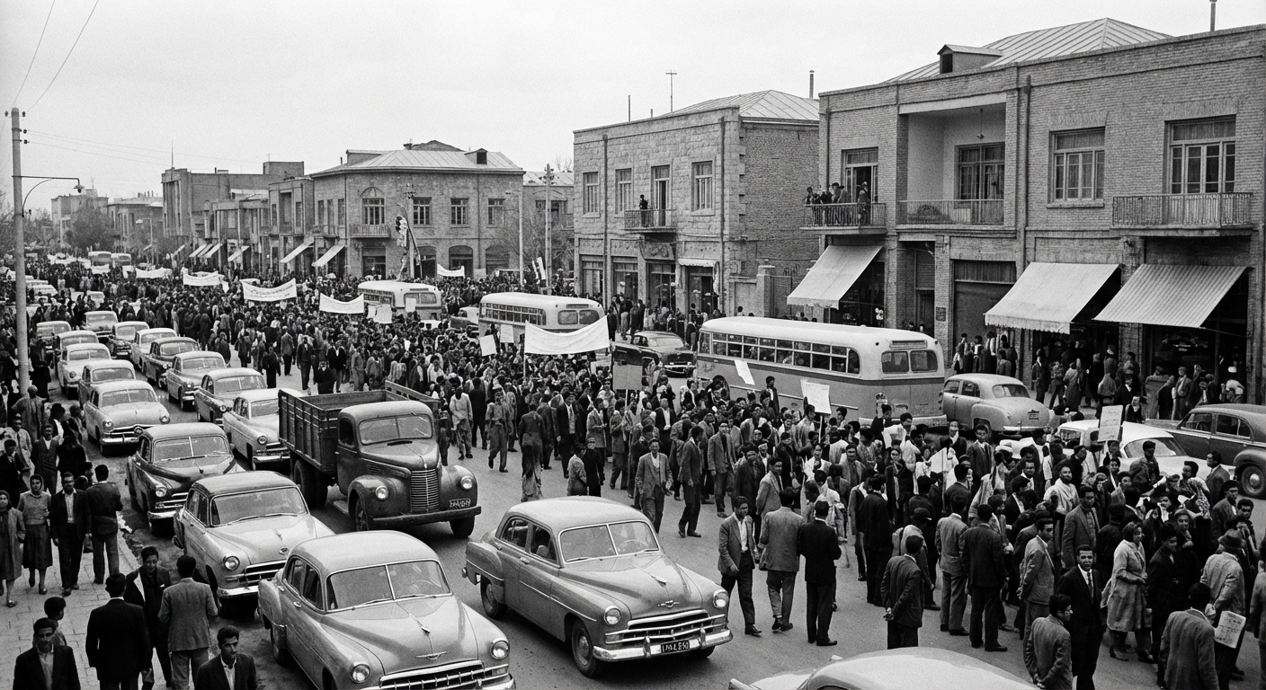 Recreated 1950s Tehran street scene with crowds and vintage cars suggesting a political demonstration.