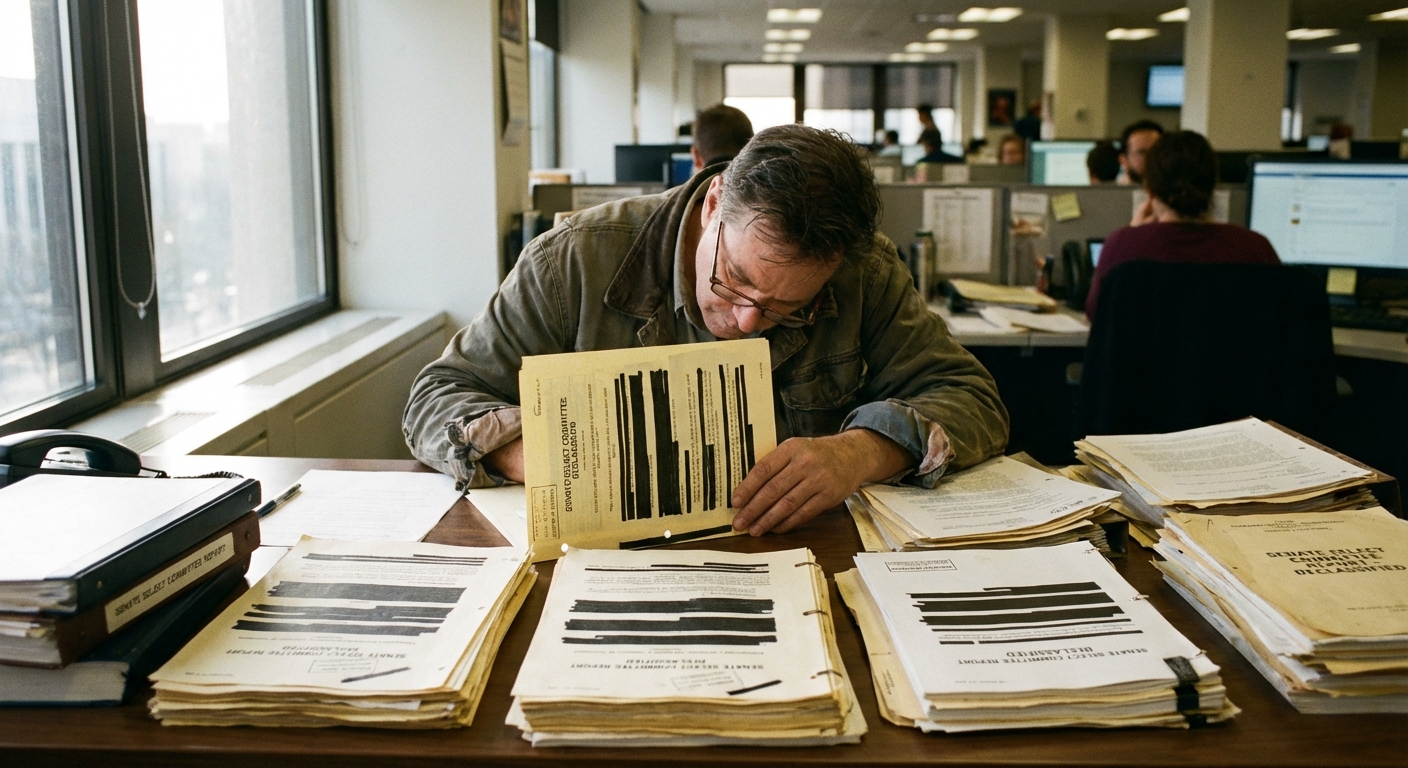 Researcher reviewing declassified CIA files and congressional reports at a wooden desk in a newsroom setting.