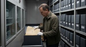 Archivist placing labeled folder into climate‑controlled archival shelving, showing document preservation.