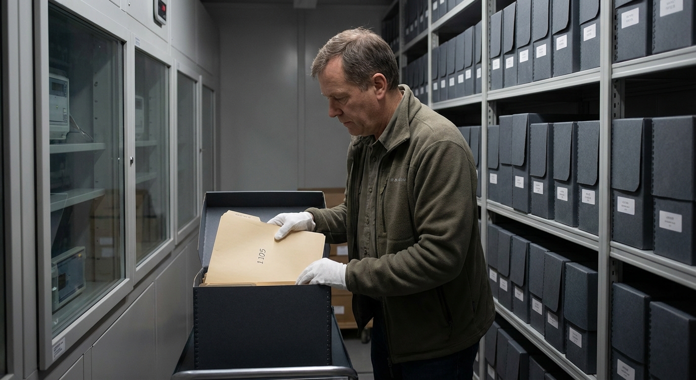 Archivist placing labeled folder into climate‑controlled archival shelving, showing document preservation.