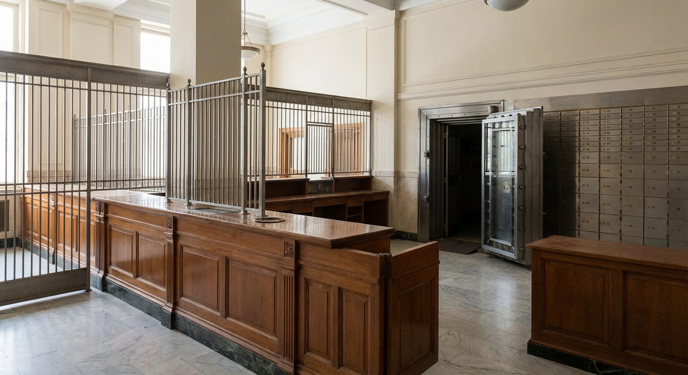 Empty bank hall with counters and safe-deposit area, neutral lighting and perspective.