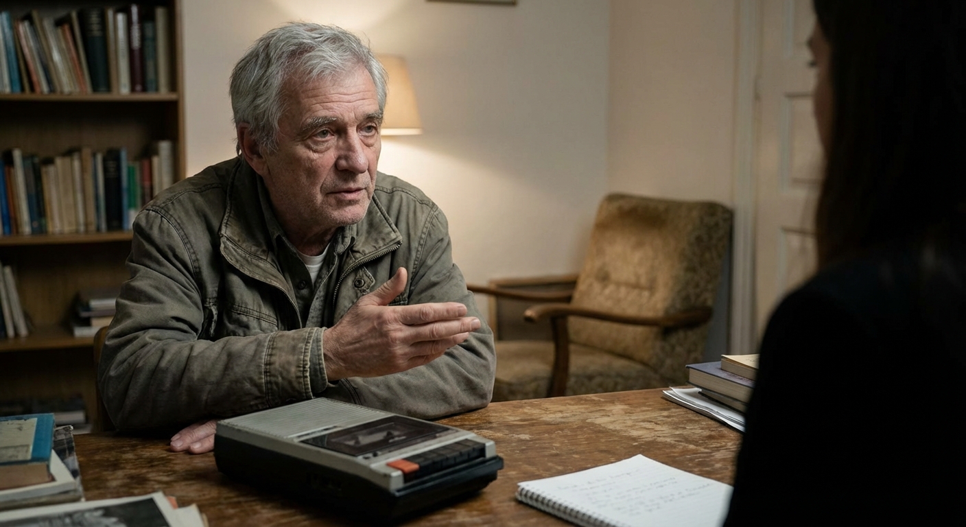 An interview set where a former program participant speaks to a journalist, both seated at a plain table.