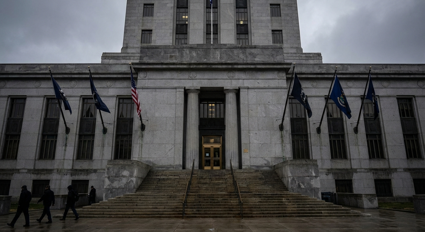 Government building facade with flags and steps, implying regulatory or legal action.