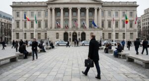 A civic plaza in front of a government building with pedestrians and flags, photographed in daylight.