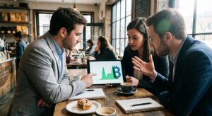 Group of people around a table looking at a tablet showing an alert, representing social amplification of market events.