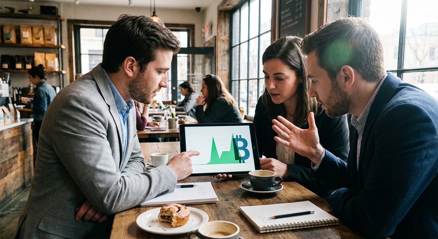 Group of people around a table looking at a tablet showing an alert, representing social amplification of market events.