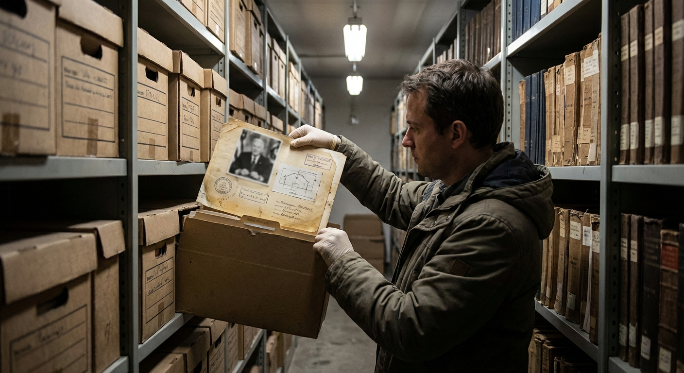 A researcher retrieves archival print materials from a library storage aisle in a documentary style.