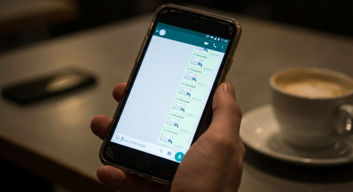 Close-up of a smartphone showing multiple forwarded message bubbles in a messaging app, neutral, non-branded.