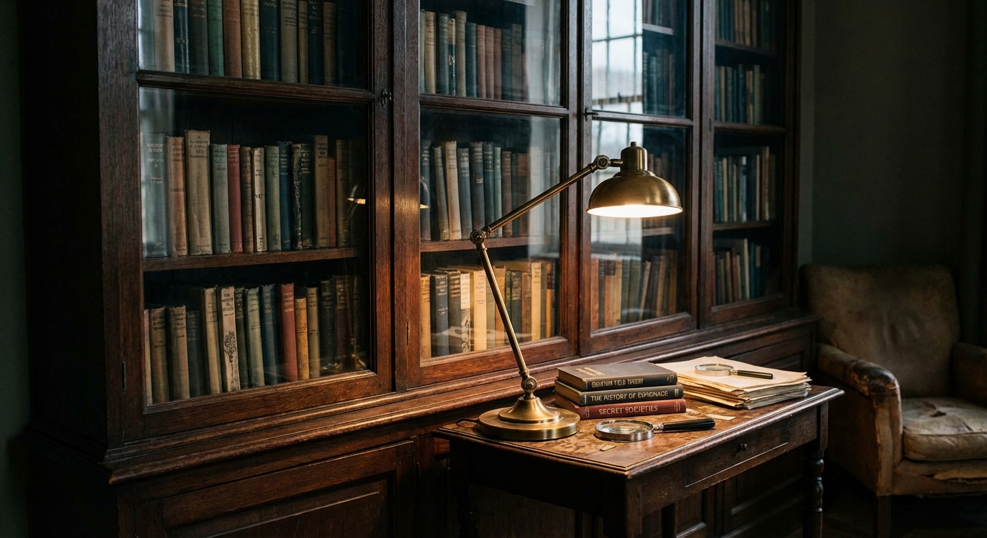 Study shelf with books on physics, history, and social science under warm desk-lamp light.