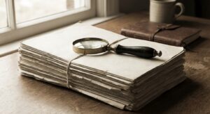 Stack of printed investigative reports with a magnifying glass, connoting detailed document review and research.