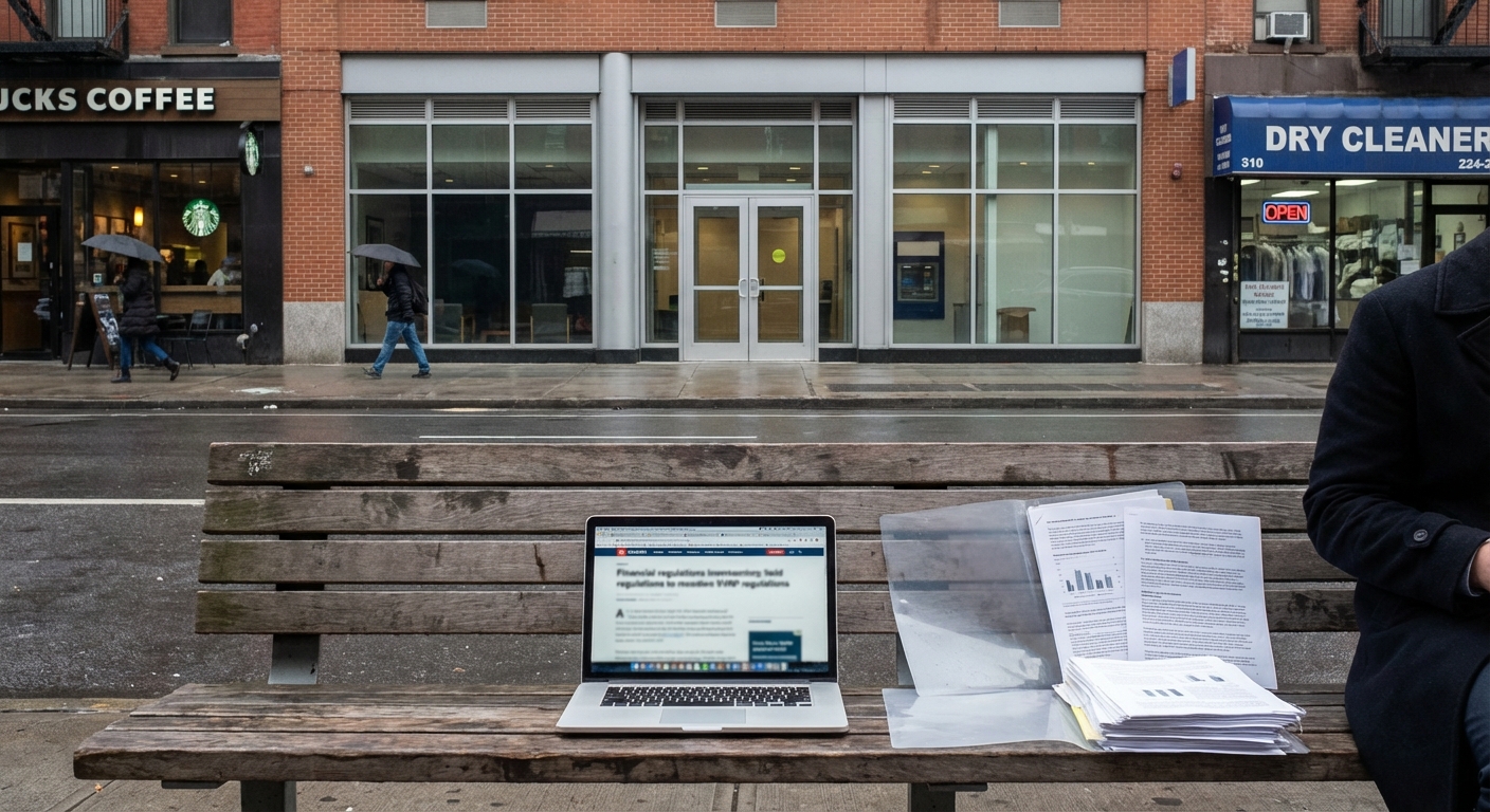 Exterior of a generic bank branch with papers and a laptop nearby implying regulatory review and reporting.