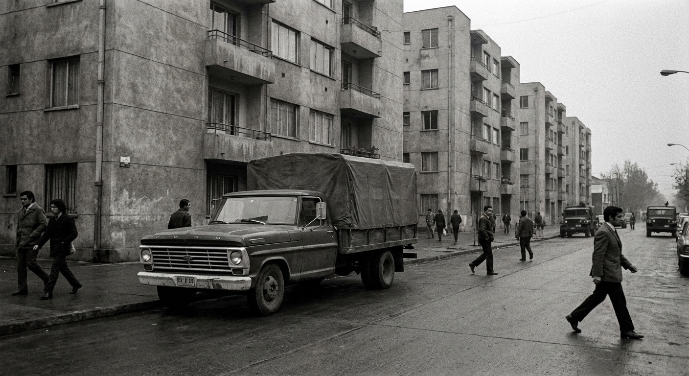 Muted street scene in Santiago with a 1970s-style delivery truck and period architecture.