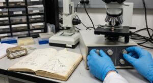 Laboratory analysis of stone thin-sections and SEM work on archaeological samples, hands and instruments visible.