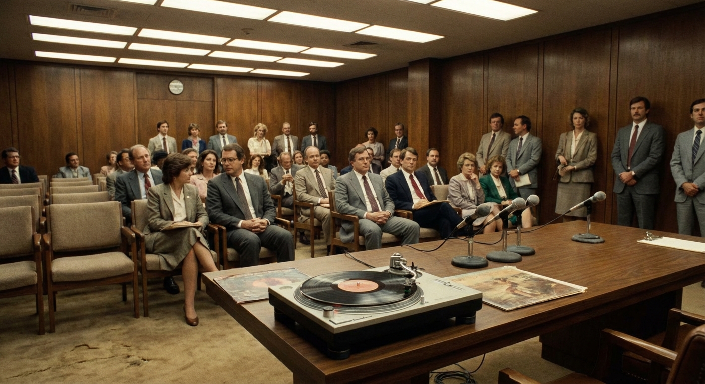 A documentary-style shot of an early 1980s assembly hearing with a turntable on the demonstration table.