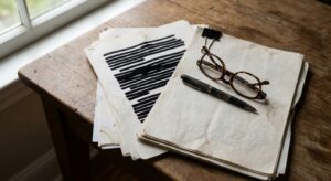 Overhead view of redacted legal paperwork, glasses and pen on a wooden table.