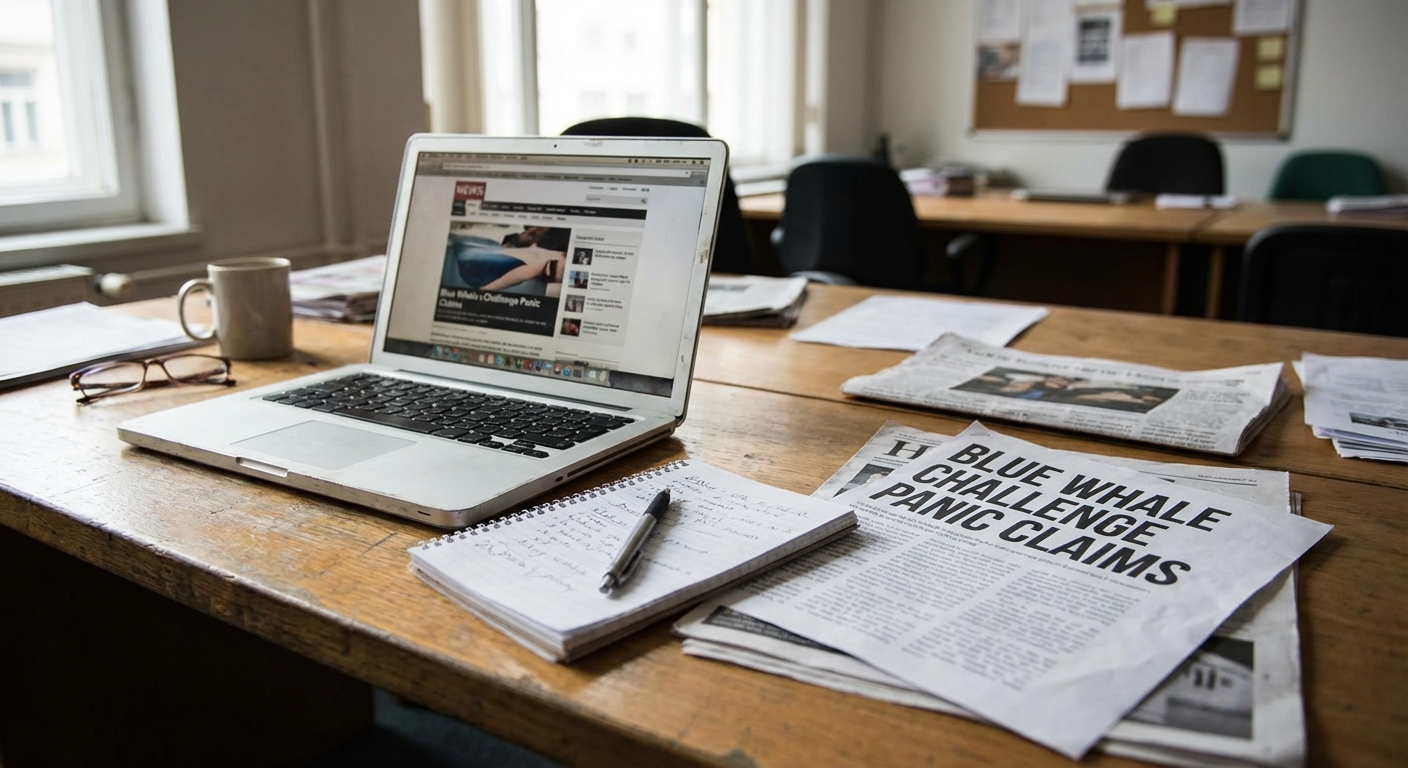 A journalist's desk with newspapers and a laptop, prepared for an investigation into the Blue Whale Challenge panic claims.