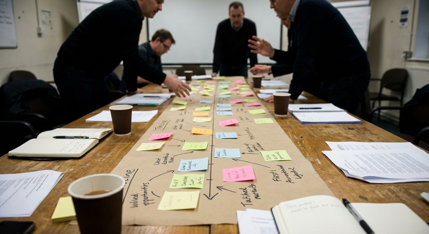 Investigative team around a table with timeline printouts and research notes, people blurred in background.