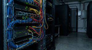Close-up of server racks and cables in a dim technical room, neutral documentary style.