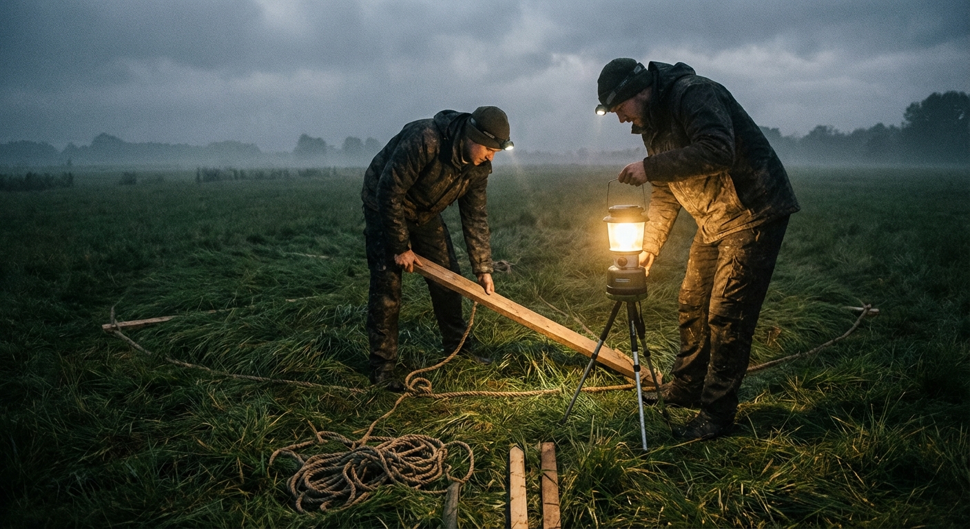 Night demonstration of crop‑flattening with plank and rope on a small test plot under portable lights.
