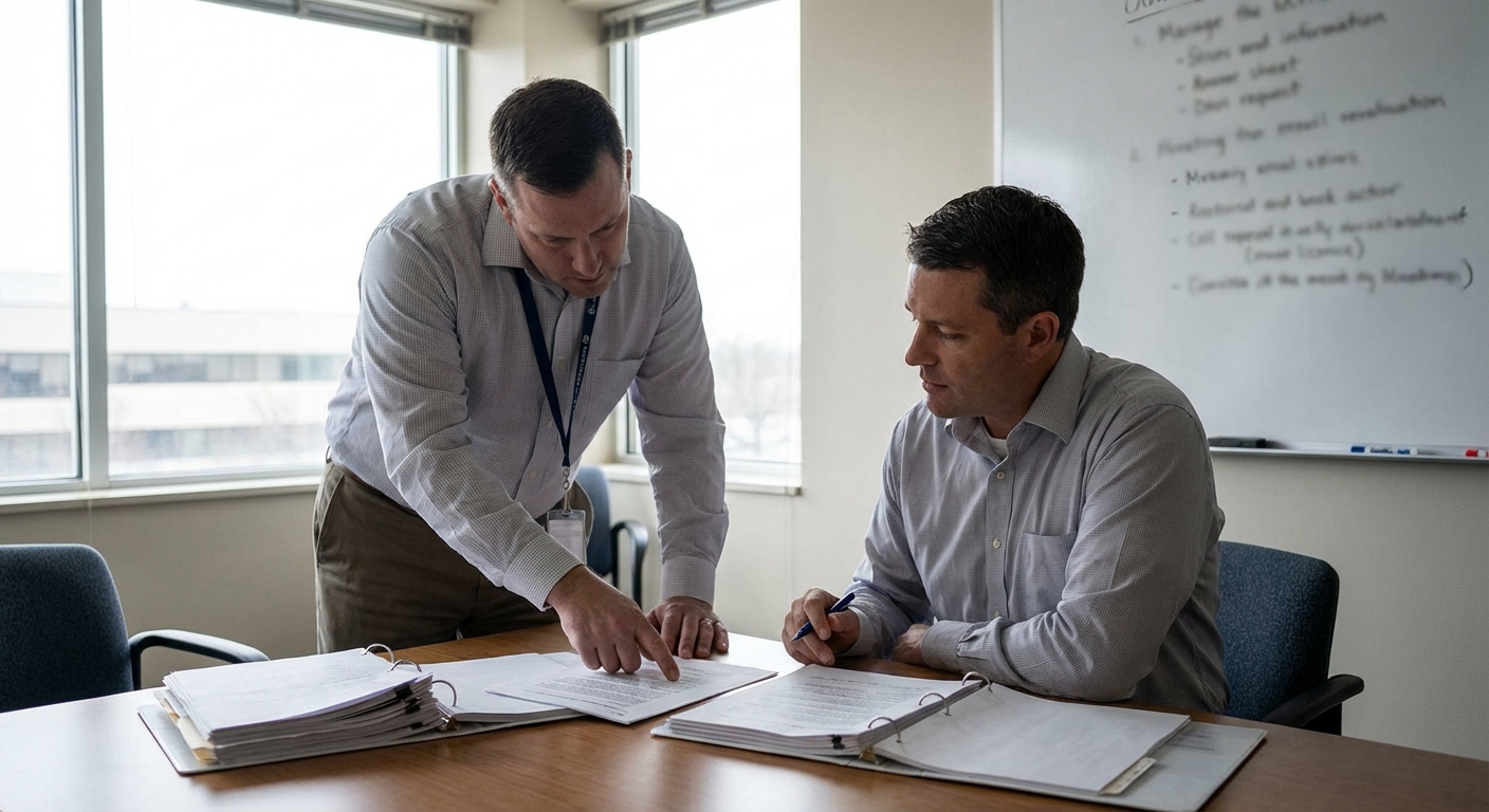 Auditor and exchange representative reviewing printed attestations in a neutral meeting room.