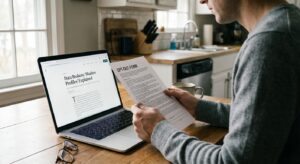 Person reading a data broker opt‑out form at a kitchen table with a laptop open, warm home lighting.