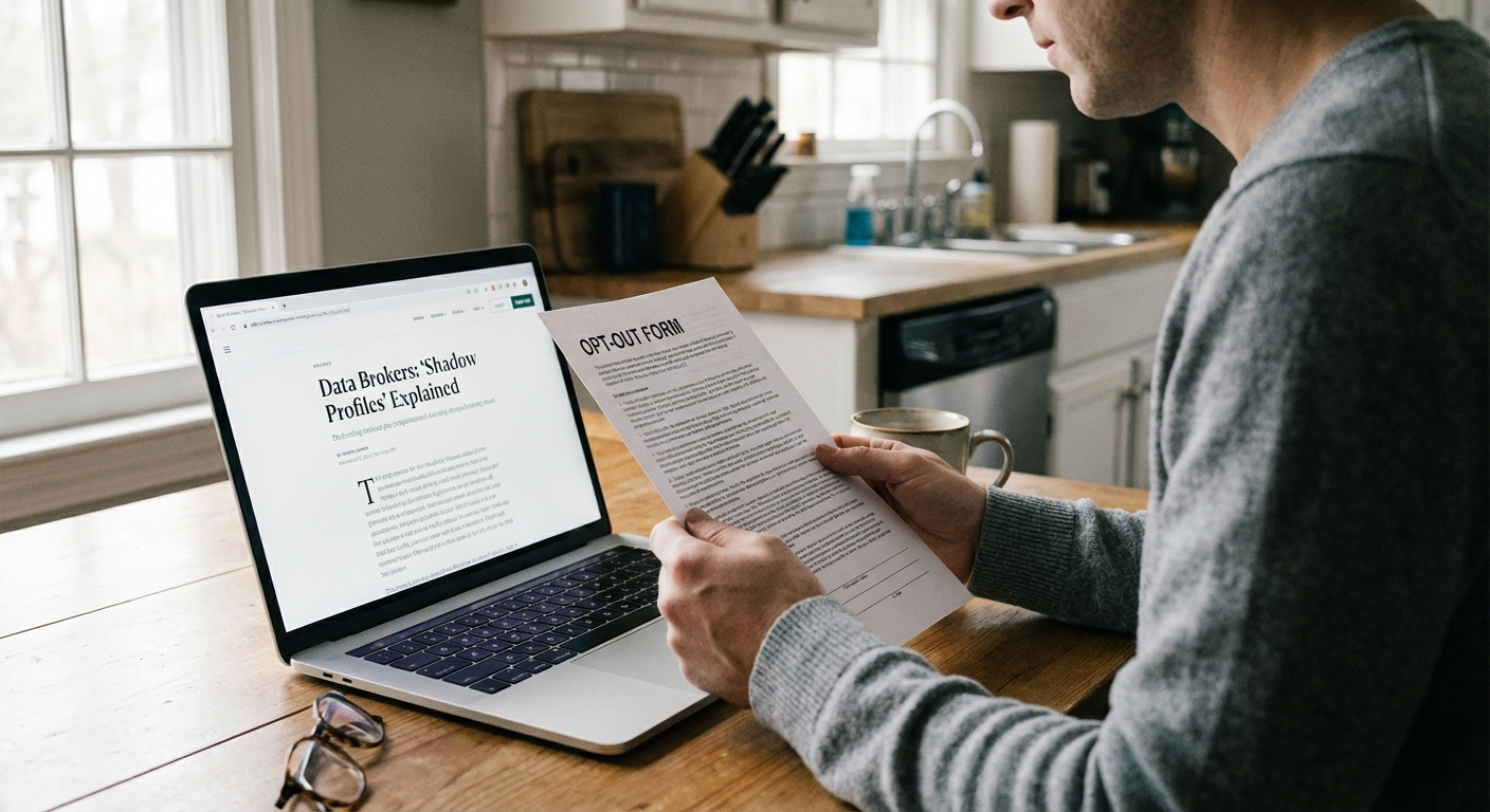 Person reading a data broker opt‑out form at a kitchen table with a laptop open, warm home lighting.