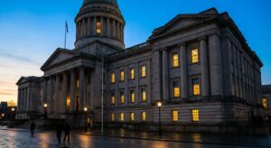 A classical government building facade at dusk with lit windows, photographed from street level.