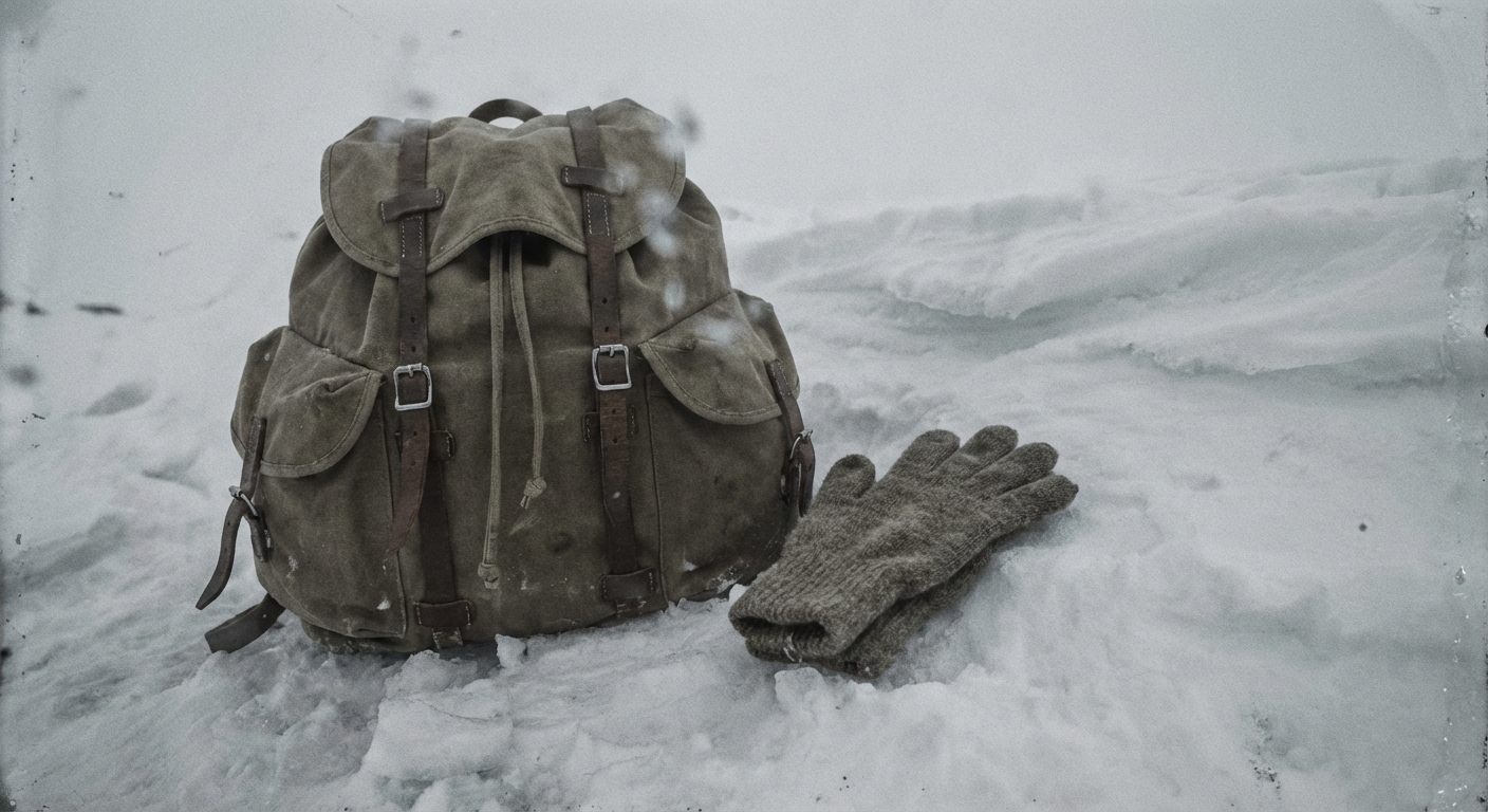 Archival-style close-up of old hiking gear (backpack and glove) resting on packed snow, neutral tones.
