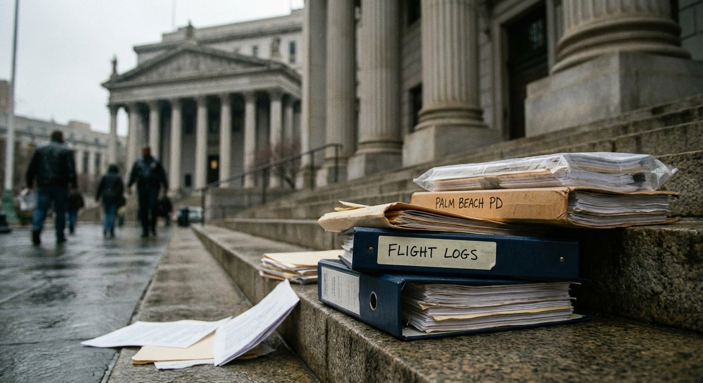 Court steps and legal exhibits arranged for a documentary photograph, no people visible.