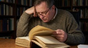 Historian reading an archival Senate staff report at a table in a softly lit research room.