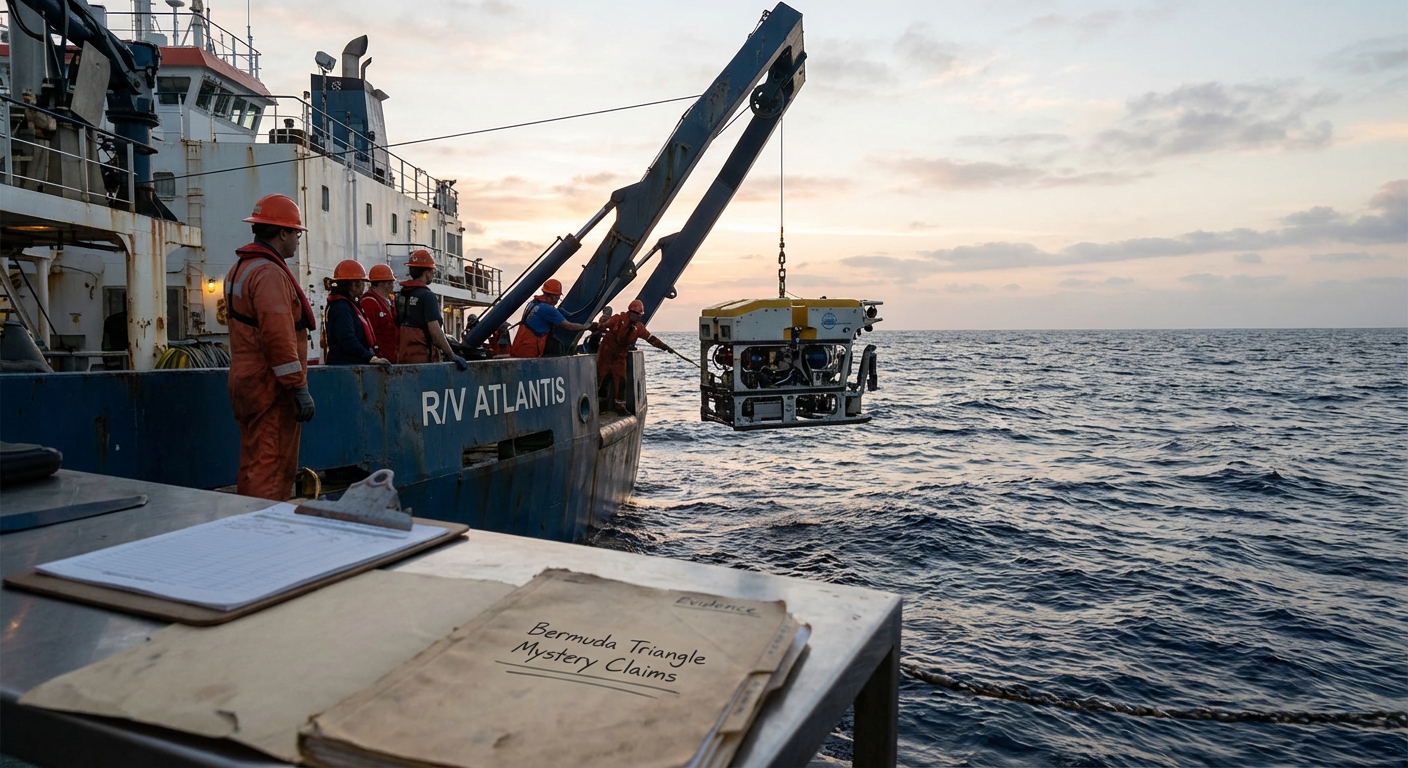 Research vessel crew launching an ROV at dawn, instruments and evidence folder on deck.