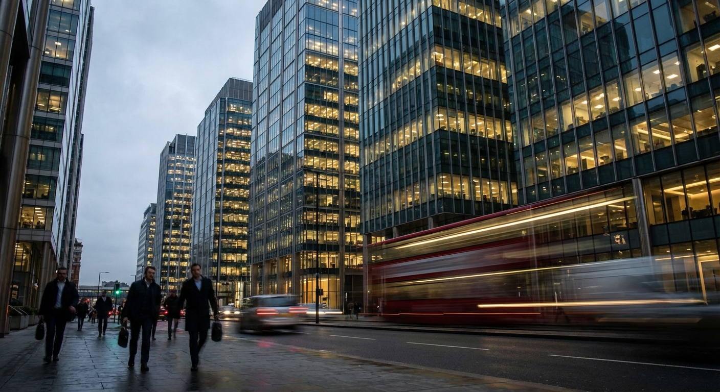 Exterior of large glass-clad corporate office buildings photographed at dusk.