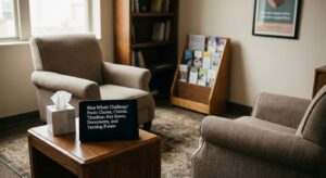 Counselor's office setup with chairs and a side table showing resources and a tablet with a headline.