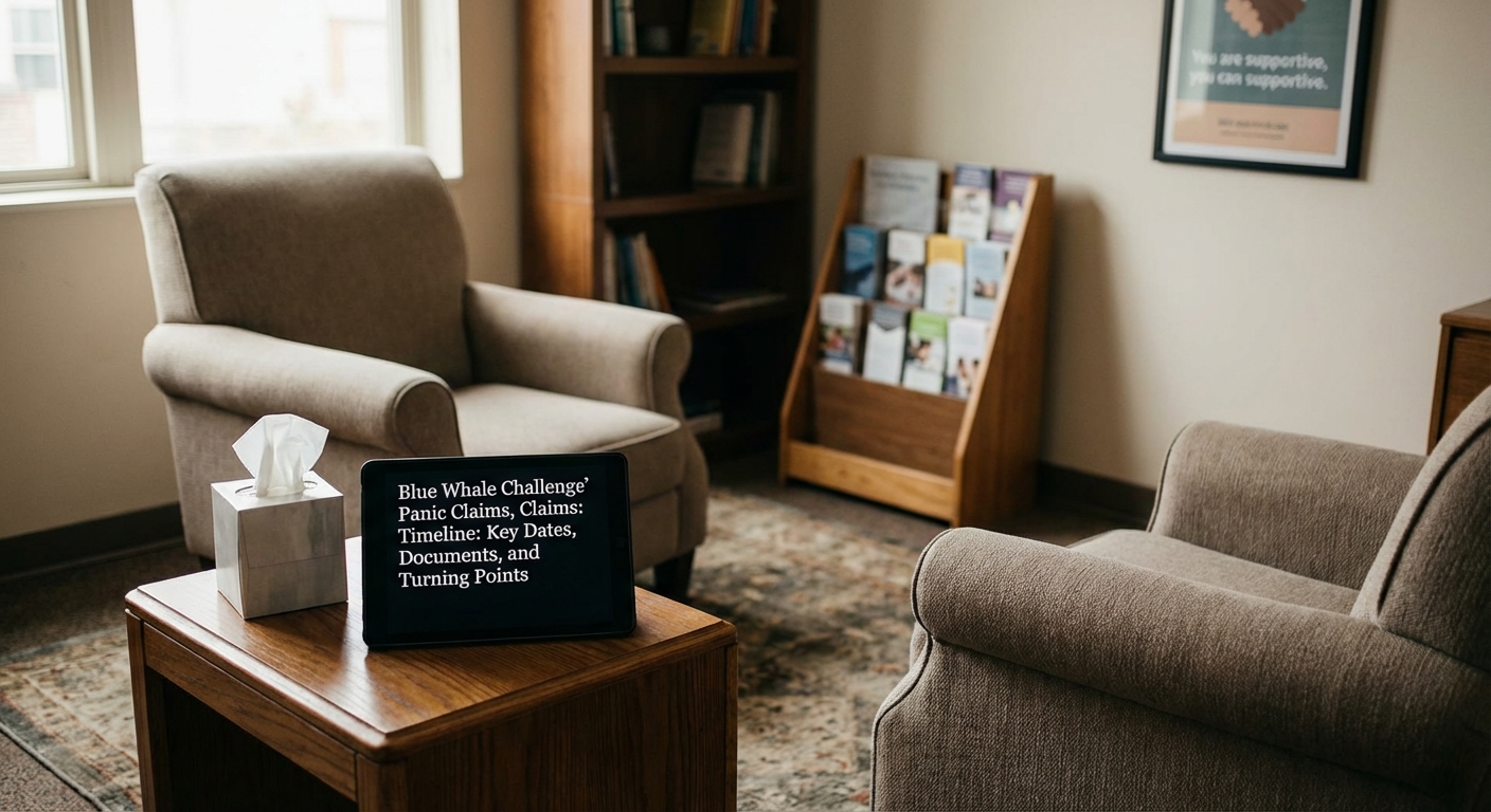 Counselor's office setup with chairs and a side table showing resources and a tablet with a headline.