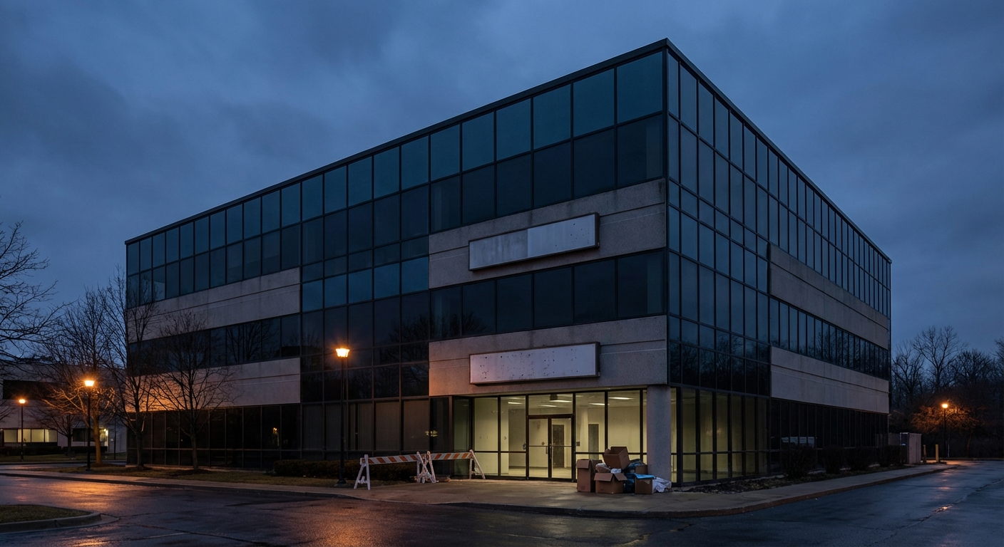 Corporate building exterior at dusk, neutral mood implying closure and aftermath.