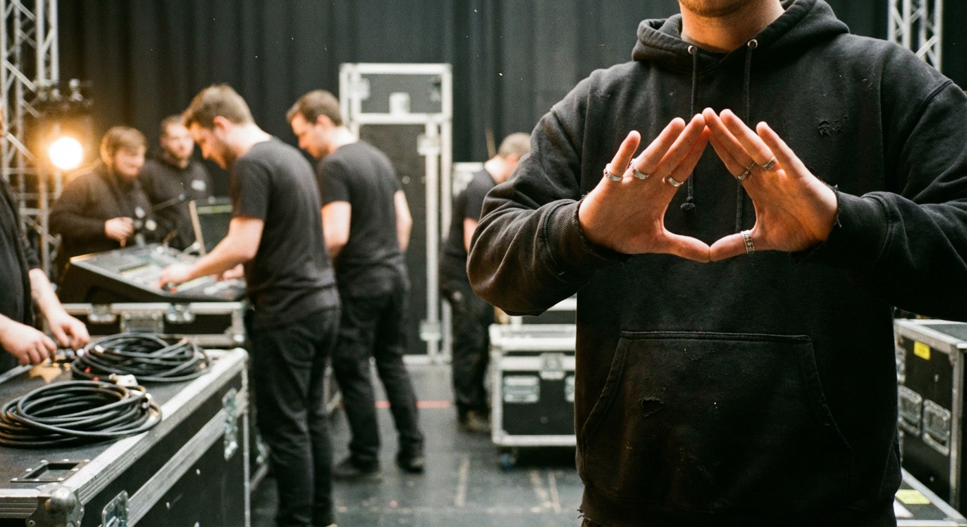 A performer rehearsing a triangular hand gesture under stage lighting with crew visible behind.